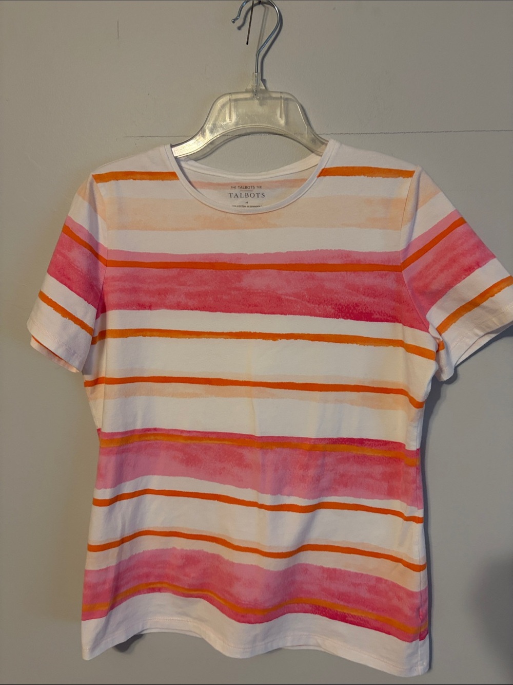 Talbots White Tee with Pink and Orange Watercolor Stripes. Med. Cotton/spandex.
